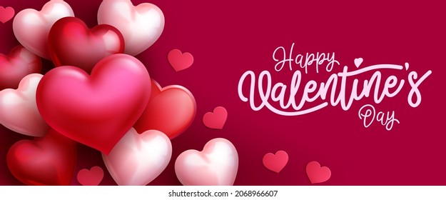 Valentine's greeting vector background design. Happy valentines day text with romantic floating hearts elements for valentine celebration messages banner. Vector illustration.
