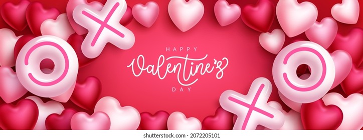 Valentines greeting vector background design. Happy valentine's day text with pink hearts and balloon decoration elements for romantic celebration messages. Vector illustration.
