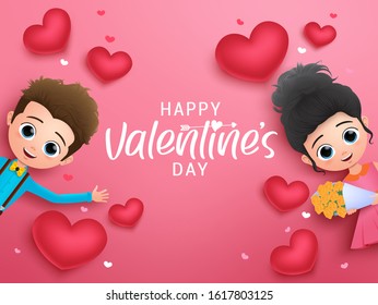 Valentines greeting vector background template. Happy valentines day typography text with valentine couple character and heart elements in pink background. Vector illustration. 