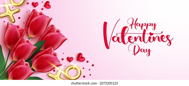 Valentines greeting vector design. Happy valentine's day typography text with tulips bouquet and gold balloons romantic elements for hearts day present and celebration. Vector illustration.
