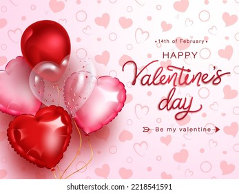 Valentine's greeting vector design. Happy valentine's day text in pattern background with hearts balloon bunch for valentine card. Vector illustration.
