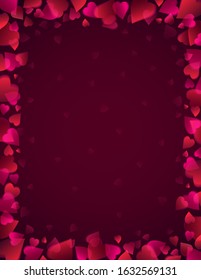 Valentines greetings background with frame of red  hearts. Valentines frame. Horizontal holiday background, headers, posters, cards, website. Vector illustration