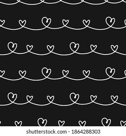 Valentines hand drawn seamless pattern design. Simple black and white heart background. Heart shape vector wallpaper.