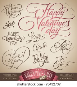 valentine's hand lettering set - 10 love themed handmade calligraphic inscriptions; scalable and editable vector illustration (eps8);