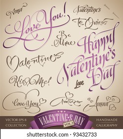 valentine's hand lettering set - 12 love themed handmade calligraphic inscriptions; scalable and editable vector illustration (eps8);