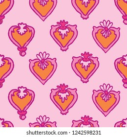Valentines Heart All Over Print Vector. Colorful 1950s Style Folk Art Love Seamless Repeating Pattern in Purple on Pink Background. Hand Painted for Fashion Print, Stationery, Retro Wedding Packaging.