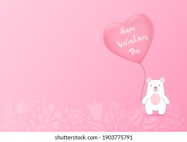 Valentines heart balloon with bear on pink background. Valentine's day cute background. Vector illustration.