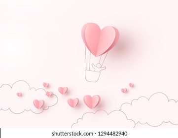 Valentines heart balloon with man flying on pink background. Vector love postcard for Happy Valentine's Day greeting card design.