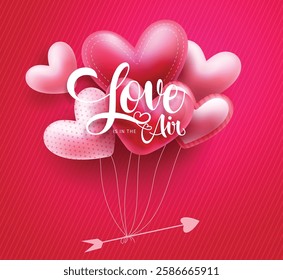 Valentine's heart balloons vector background design. Love is in the air text with floating bunch of heart balloon elements for holiday decoration. Vector Illustration.
