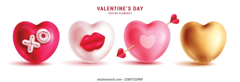 Valentine's heart balloons vector set. Valentine's day greeting card with heart shape inflatable balloons, boa and arrow and lips decoration elements collection. Vector illustration hearts balloon 