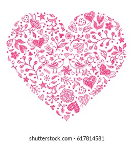 Valentines heart with birds,flowers and other elements on white background.Vector illustration.