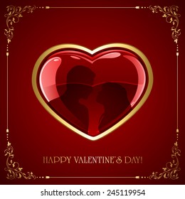 Valentines heart with couple and golden floral frame on red background, illustration.