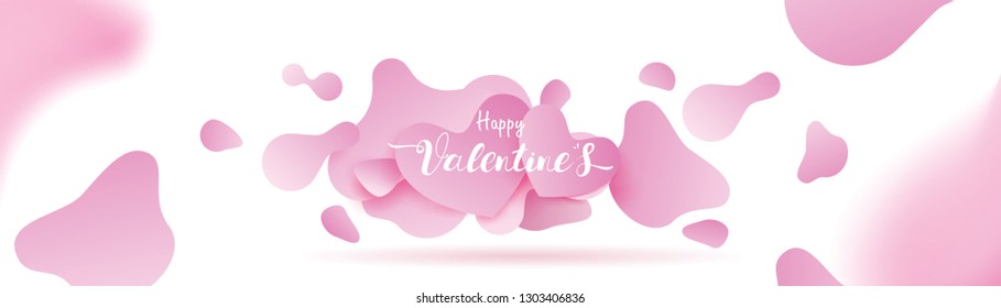 Valentines heart. Decorative pink background with hearts and loves flying and Floating on abstract liquid background in memphis style. symbols of love for Happy Mother's, Valentine design banner