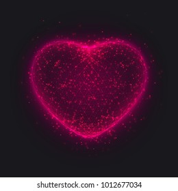 Valentines heart. Decorative wireframe of heart on dark background. Polygonal heart with particles. Vector illustration.