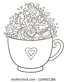 Valentine's heart design, cup, doodles, coloring pages, hand drawn, candy pattern. Antistress coloring page