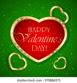 Valentines heart with diamonds on green background, illustration.