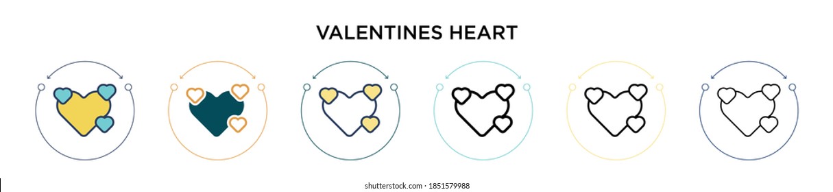 Icono cardíaco de San Valentín en línea llena, delgada, contorno y estilo de trazo. Ilustración vectorial de dos valentinas coloreadas y negras de iconos de vectores de corazón se pueden usar para móviles, ui, web