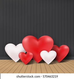 Valentines heart in interior room dark wall background .Vector illustration.