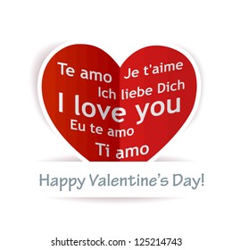 Valentines heart label with I love you in different languages