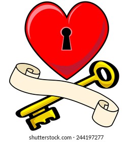 Valentines Heart lock with Scroll and key below. Isolated vector graphic