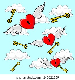 Valentines heart locks, flying on Angel Wings though cloudy blue sky and falling keys in background