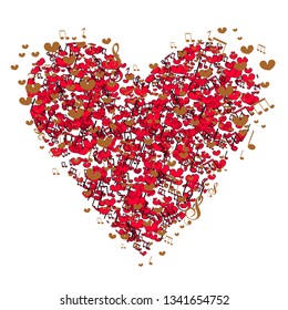 Valentines heart made from music notes - abstract design Hand drawn vector illustration isolated on white, logo, t-shirt design