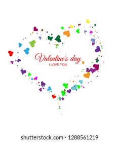 Valentine's heart of multicolored hearts on a white background. Falling heart shaped valentine