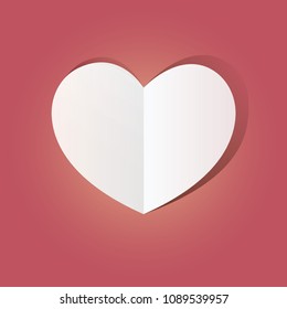 Valentines heart postcard. Paper on pink background. White paper cut love heart.