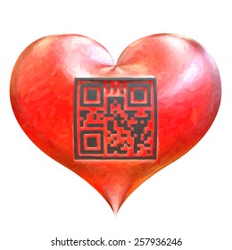 Valentines heart with QR code isolated on white background. QR code with encrypted text - I Love You!. Trace raster illustration. Oil painted effect.