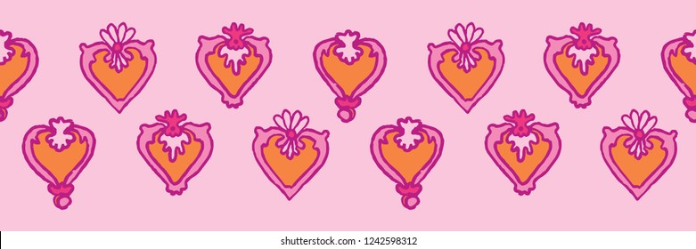 Valentines Heart Seamless Vector Border. Colorful 1950s Style Folk Art Love Symbol. Repeating Banner Ribbon in Purple Pink Background. Hand Painted Fashion Trim, Stationery, Retro Wedding Packaging.