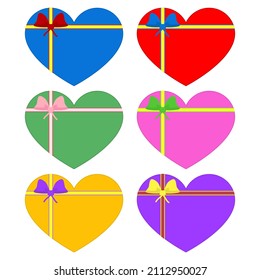 Valentines in heart shape wrapped in a gift ribbon with a bow. Set of colored bright vector illustrations. Space for text and lettering.