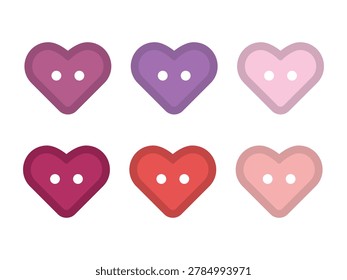 Valentine's heart shaped buttons vector collection in a flat color style. Cute sewing button with two holes icon set in pink red and purple colors for visual asset, sticker, packaging, label, logo. Vector illustration for clothing, fashion, crafts and decoration. EPS 10.
