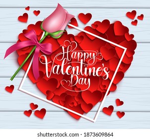 Valentines heart vector background design. Happy valentine's day text in heart shape with frame and pink rose element for valentines day decoration design. Vector illustration