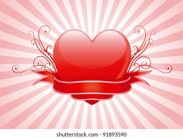 Valentine's heart. Vector illustration of shine red heart, ornament and ribbon on abstract background with radial rays