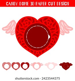 Valentines Heart with wings candy dome holder. Paper cut template. Vector illustration. Cute holiday symbol. 3D layered Valentines ornament for sweets.