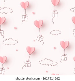 Valentines hearts balloons with gift box flying on pink sky background. Vector love seamless pattern for Happy Mother's or Valentine's Day greeting card design.