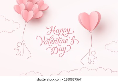 Valentines hearts balloons with people flying on pink background. Vector love postcard for Happy Valentine's Day greeting card design.