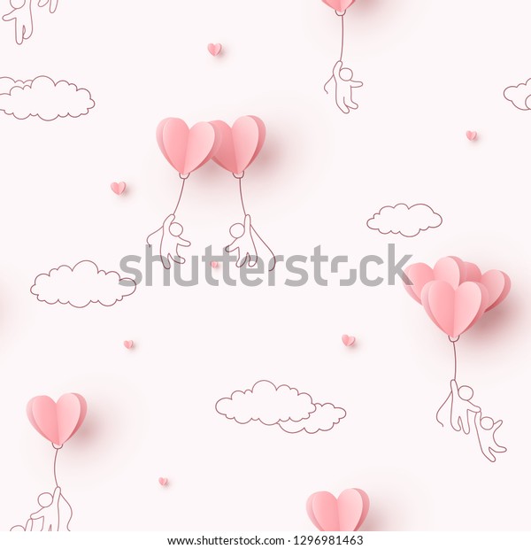 ピンクの背景に人々が飛ぶバレンタインハート風船 幸せな母親やバレンタインデーのグリーティングカードデザイン用のシームレスなベクター画像愛 のベクター画像素材 ロイヤリティフリー