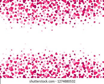 Valentines hearts confetti. Heart splash, valentine day frame border and love card. Glamour wedding fall confetti heart decorating or pink romantic february 14 card vector background