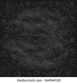 Valentines hearts and decorative elements on black chalkboard background, holiday ornament, illustration.