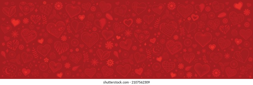 Valentine's hearts doodle banner. Vector horizontal red background with hearts. Modern hand-drawn design for mother's day, love concepts. Holiday wallpaper, headers, posters, cards, websites vector