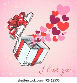  Valentine's hearts fly out of the gift box hand drawn retro card