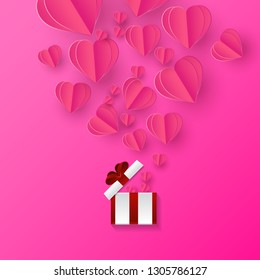 Valentines hearts with gift box postcard. Paper flying elements on pink background. Vector symbols of love in shape of heart for Happy Women's, Mother's, Valentine's Day, birthday greeting card design
