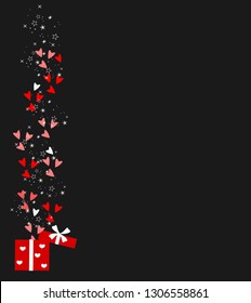 Valentines hearts with gift box postcard. heart flying , Vector symbols of love  for Happy Women's, Mother's, Valentine's Day, birthday greeting card design