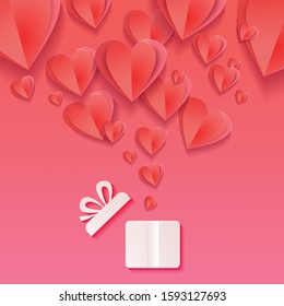 Valentines hearts with gift box postcard. Paper flying elements on pink background. Vector illustration for Mother's, Valentine's Day, birthday greeting card design