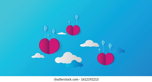 Valentines hearts with gift box postcard. Paper flying elements on background. card design