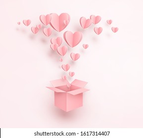 Valentines hearts with gift box postcard. Paper flying elements on pink background. Vector symbols of love in shape of heart for Happy Mother's, Valentine's Day, birthday greeting card design