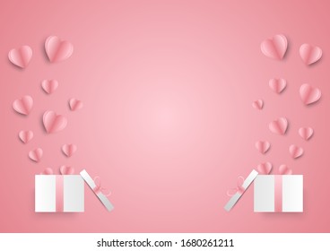 Valentines hearts with gift box postcard. Paper flying elements on pink background. Vector symbols of love in shape of heart design.