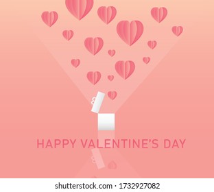 Valentines hearts with gift box postcard. Paper flying elements on pink background. Vector symbols of love,Happy Women's, Mother's, Valentine's Day, birthday greeting card design