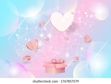 Corazón de San Valentín con postal de la caja de regalo. Elementos volantes de papel sobre fondo rosado. Forma vectorial futurista.